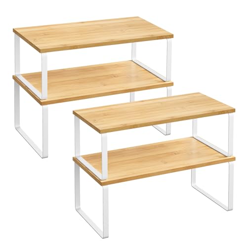 SONGMICS Cabinet Organizer Shelf, Set of 4 Kitchen Counter Shelves, Kitchen Storage, Spice Rack, Stackable, Expandable, Metal and Engineered Wood, Cloud White and Natural Beige UKCS210W01 - color: Cloud White + Natural Beige, size: 15.6"W