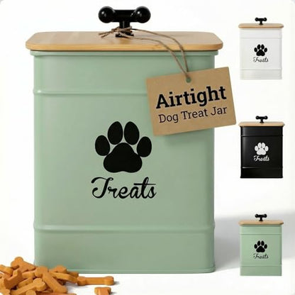 Dog Treat Container Airtight - 6 Inch Wide x 8 Inch Tall Iron Dog Treat Jar for Kitchen Counter with Airtight Bamboo Lid - 12 Cup Capacity Pet Treat Container - Doggie Cookie Jar - Big Treats Canister - color: Sage Green