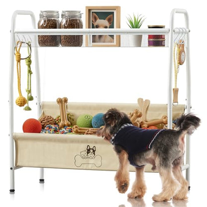 Zonon Large 2 Tier Dog Toy Organizer Basket Metal Pet Storage Bin with Collar Leash Holder Hook,Trapezoid Pet Toy Box for Food, Snacks & Accessories, Holder Chest for Dog & Cat Essential Supplies
