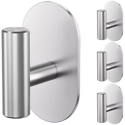Aikzik Silver Adhesive Hooks Heavy Duty, Wall Hooks for Shower, Bathroom, Towel, Coat, Robe, Stainless Steel Hooks for Hanging, Waterproof & Rustproof Sticky Hooks for Walls No Damage- 2 Pack - color: Silver