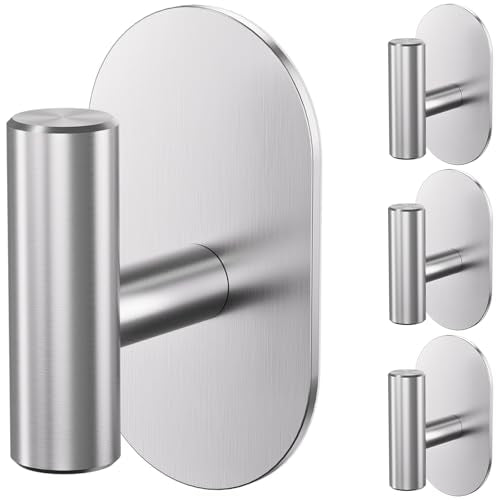 Aikzik Silver Adhesive Hooks Heavy Duty, Wall Hooks for Shower, Bathroom, Towel, Coat, Robe, Stainless Steel Hooks for Hanging, Waterproof & Rustproof Sticky Hooks for Walls No Damage- 2 Pack - color: Silver