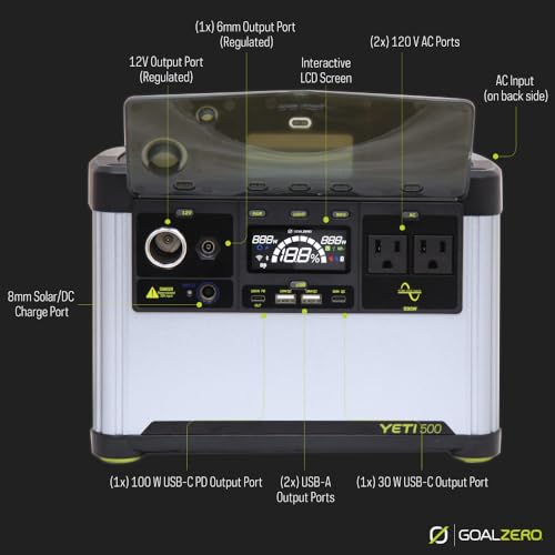 Goal Zero Yeti Portable Power Station, Yeti 500, 499 Watt Hour LiFePO4 Battery, Water resistant & Dustproof Solar Generator For Outdoors, Camping, Tailgating, & Home, Clean Renewable Off-Grid Power - style: Yeti 500