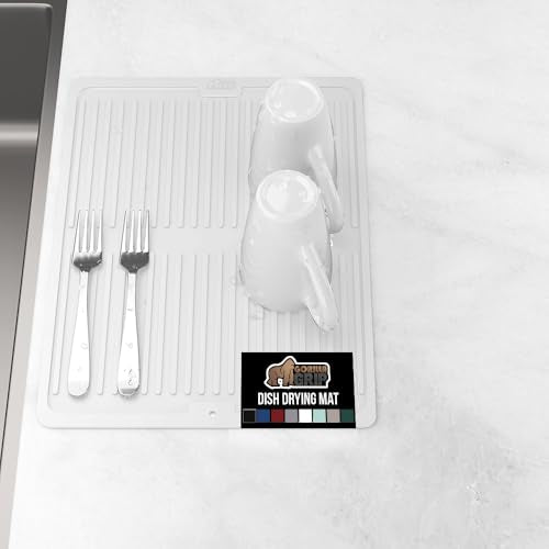 GORILLA GRIP 100% BPA-Free Patented Silicone Dish Drying Mat for Kitchen Counter, Water Catching Ribbed Design, Easy Clean Waterproof Sink Liner, Heat Resistant, Fits Under Rack, 11x13 Inch, White - color: White, size: 13" X 11", style: Silicone