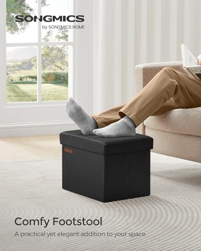 SONGMICS Small Folding Storage Ottoman, Foot Rest Stool, Cube Footrest, Synthetic Leather, 12.2 x 16.1 x 12.2 Inches, 286 lb Capacity, for Living Room, Bedroom, Dorm, Ink Black ULSF100B01 - color: Ink Black, style: Synthetic Leather