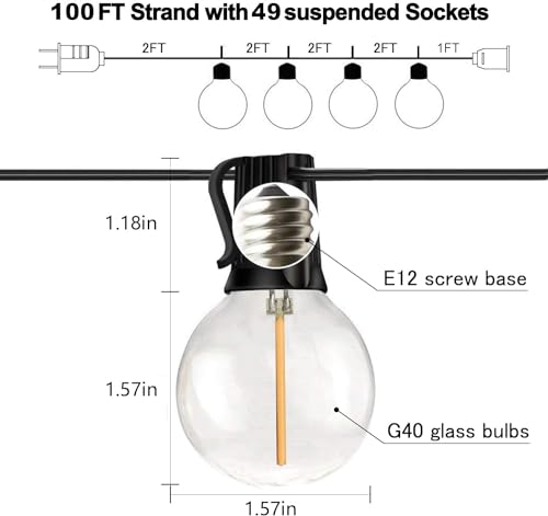Banord 100FT G40 Globe String Lights, 2700K LED Outdoor Patio Lights String with 50 Dimmable Shatterproof Bulbs, Waterproof Connectable Hanging Lights for Backyard Porch Balcony Party, E12 Socket Base - size: 100FT