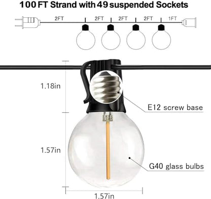 Banord 100FT G40 Globe String Lights, 2700K LED Outdoor Patio Lights String with 50 Dimmable Shatterproof Bulbs, Waterproof Connectable Hanging Lights for Backyard Porch Balcony Party, E12 Socket Base - size: 100FT