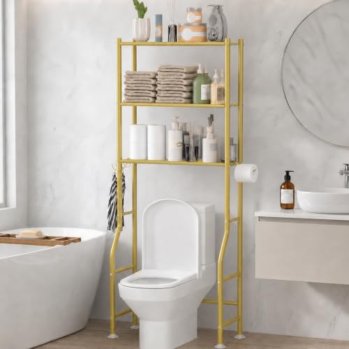 GloTika 3-Tier Over Toilet Storage with Anti-Tilt Safety System - 150lb Total Capacity Metal Bathroom Shelves Including Paper Holder & 4 Hooks, Space Saving Above Commode Organizer (64" H, Gold) - color: Gold, size: 3-Tier