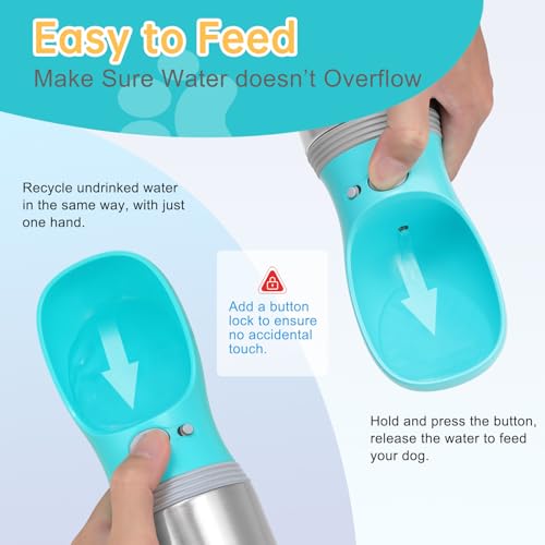 Portable Dog Water Bottle, 14 OZ, Stainless Steel Leak Proof Puppy Water Dispenser with Drinking Feeder for Pets Travel, Walking, Hiking and Outdoor Activities - size: 14 OZ - Blue, style: Button switch