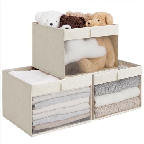 StorageWorks Closet Storage Bins with Clear Window, Linen Closet Organizers and Storage Bins, Collapsible Storage Baskets with PU Handles, Large Fabric Bins, Beige, Cotton-Linen, 3-Pack - color: Beige(Cotton-linen), size: 12 ¾" L x 12 ¾" W x 9" H