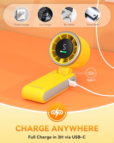 PlayHot Portable Handheld Turbo Fan, 5-Speed Personal Fan, USB-C Rechargeable Fan Up to 12 Hours, 3 IN 1 Hand Fan with Air Turbo Tech Cooling, Travel Fan for Cruise, Beach, Gifts for Women (Yellow) - color: Yellow