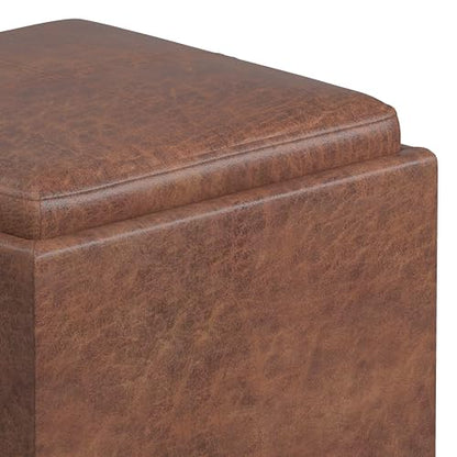 SIMPLIHOME Rockwood Cube Storage Ottoman with Tray - 17" Wide x 17" High Upholstered Vegan Leather Square Storage Ottoman in Distressed Saddle Brown, Contemporary Cube Ottoman with Serving Tray - color: Distressed Saddle Brown