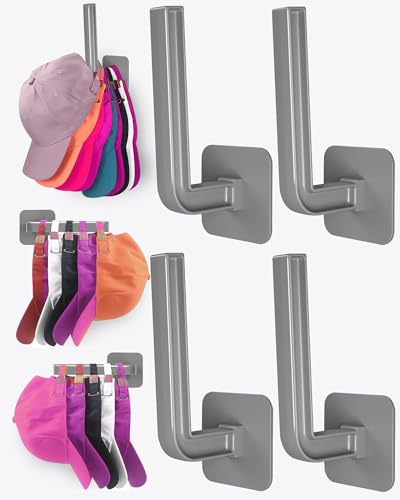 Hat Rack for Hat Storage, Multi-Purpose Hat Organizer (4-Pack), Strong Adhesive Hat Hooks for Wall, Hat Organizer for Baseball Caps, Two Mounting Options Hat Hook, Gray - color: Gray, style: 4-pack