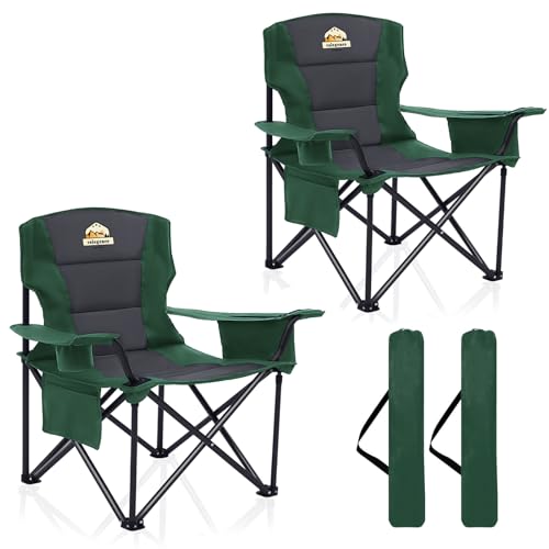 Colegence Oversized Heavy Duty Camping Chair 2 Pack, 450 LBS Support Extra Wide Folding Portable Outdoor Chair with Cooler Bag, Cup Holder & Armrests for Camping, Beach, Tailgating, Sports, Green - color: Green, style: Twin Pack