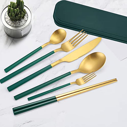 AARAINBOW 6 Pieces Stainless Steel Flatware Set Portable Reusable Cutlery Set Travel Utensils Set Including Chopsticks Knife Fork Spoon Straws Cleaning Brush Dishwasher Safe (B-Green golden) - color: B-Green golden
