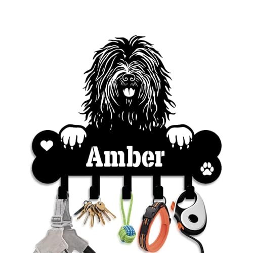 NIWAHO Personalized Dog Leash Holder Wall Mount - Custom Bergamasco Sheepdog Metal Silhouette Sign with Bone Key Hooks, Entryway & Pet Room Organizer Decor - color: Bergamasco Sheepdog