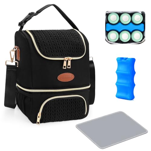 PIIOSER Breastmilk Cooler Bag with Ice Pack, Double Deck Insulated Baby Bottle Travel Bags with Shoulder Strap, Wearable Breast Pump Carry Bag for Nursing Moms Daycare, Work, Picnic(Black) - color: Black-2