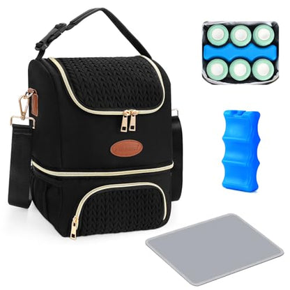 PIIOSER Breastmilk Cooler Bag with Ice Pack, Double Deck Insulated Baby Bottle Travel Bags with Shoulder Strap, Wearable Breast Pump Carry Bag for Nursing Moms Daycare, Work, Picnic(Black) - color: Black-2