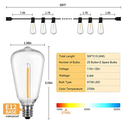 Outdoor String Lights, 50FT Heavy Duty Patio String Lights with 26 LED Dimmable Plastic Shatterproof Bulbs, ST38 0.6W Waterproof Light Strings for Backyard, Porch, Bistro, Cafe, 2700K - size: ST38 50FT