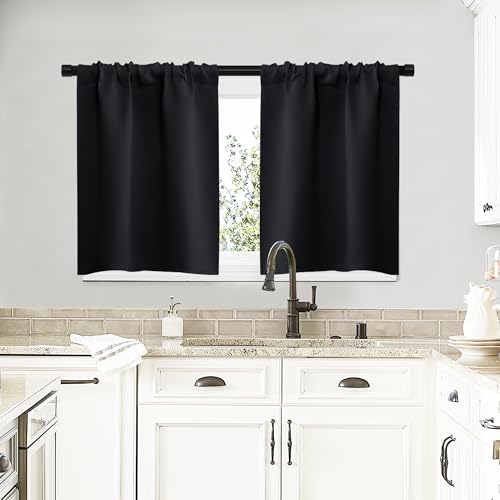 NICETOWN Short Curtains, Black Out RV Bunk Panels for Kitchen - Energy Smart Decoration Thermal Insulating Blackout Drapes/Draperies for Small Window (2 Panels, 29 inches Wide by 20 inches Long) - color: Black, size: 29"W x 20"L (Pack of 2)