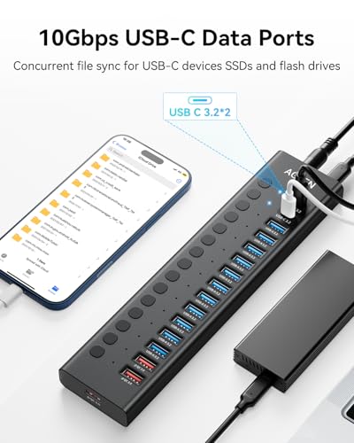 AGEEN 16-Port Powered USB 3.2 Hub-10Gbps SuperSpeed Data Splitter with 2 USB-C & 11 USB-A Ports, 3 x 24W QC 3.0 Fast Charging Ports, Individual On/Off Switches, 96W Power Adapter for Laptop, PC - size: 16-Port (10Gbps)