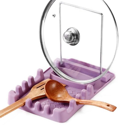 Silicone Utensil Rest with Foldable Stainless Steel Lid Holder – Multi-Slot Spoon & Spatula Holder, Heat Resistant, Non-Slip Rubber Feet, Dishwasher Safe, Space-Saving Kitchen Tool - color: Purple