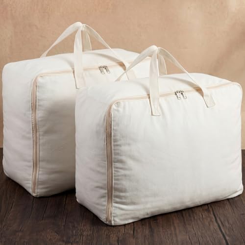 2 Pack 100% Cotton 21"x 15"x 10" White Canvas Sweater Comforter Storage Bag with Handles for Home Travel Beddings Pillow Blankets Saree Linens Organizer Thick Soft Breathable Closet Bags - color: White, size: 21"X 15"X 10"