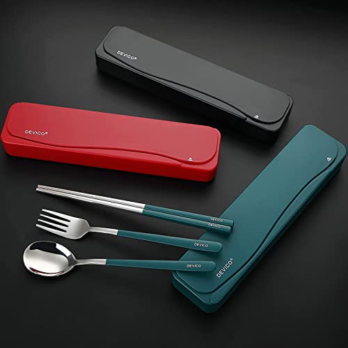 DEVICO Travel Utensils, 18/8 Stainless Steel Portable Reusable Camping Silverware Cutlery Flatware Set, 4-Piece Include Fork Spoon Chopsticks with Case (Dark Green) - color: Dark-green