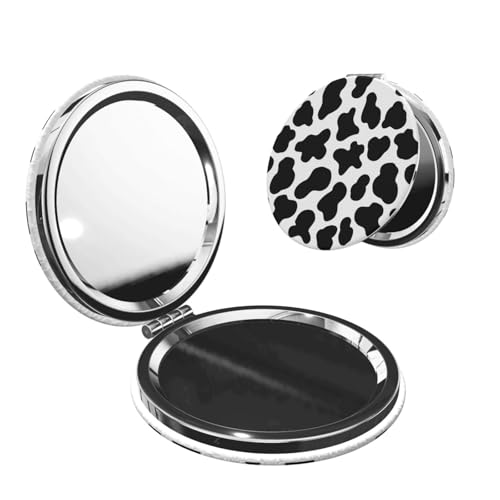 Animal Cow White Black Spot Print Foldable Travel Pocket Mirror Round PU Leather Portable Mini Makeup Double Sided Handheld Magnifying,2.6 in - color: Animal Cow Print White Black Spot