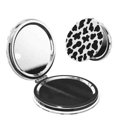 Animal Cow White Black Spot Print Foldable Travel Pocket Mirror Round PU Leather Portable Mini Makeup Double Sided Handheld Magnifying,2.6 in - color: Animal Cow Print White Black Spot