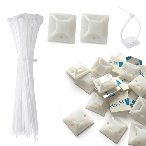 Strong Back-Glue Self Adhesive Cable Zip Tie Mounts Kit - 100 Set Cable Management Clips with 6" Zip Ties, Wire Holders - Outdoor Sticky Wire Organizer Clips - White - color: White, size: 100 Set