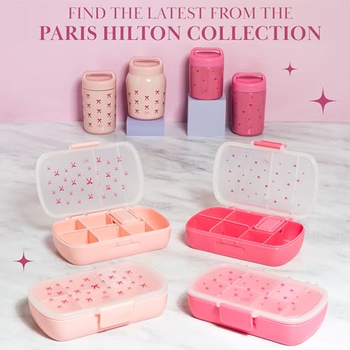 Paris Hilton 2-Pack Bento Style Snack Boxes, 7-Compartment Lunch Containers with Built-In Phone Stand, Removable Dividers and Dip Containers, Pink Heart Print - color: Pink Heart Print