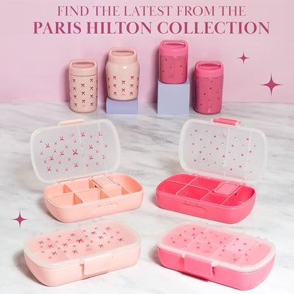 Paris Hilton 2-Pack Bento Style Snack Boxes, 7-Compartment Lunch Containers with Built-In Phone Stand, Removable Dividers and Dip Containers, Pink Heart Print - color: Pink Heart Print