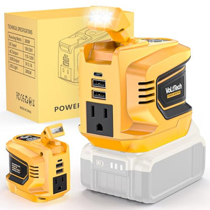 Real 200W Power Inverter Compatible with Dewalt 20V, VoLtTech Battery Inverter 20V to 110V-120V, Phone Charger USB Charger Adapter Power Adapter with 2 USB Ports & 1 Type-C & 1 AC Outlet (No Battery)