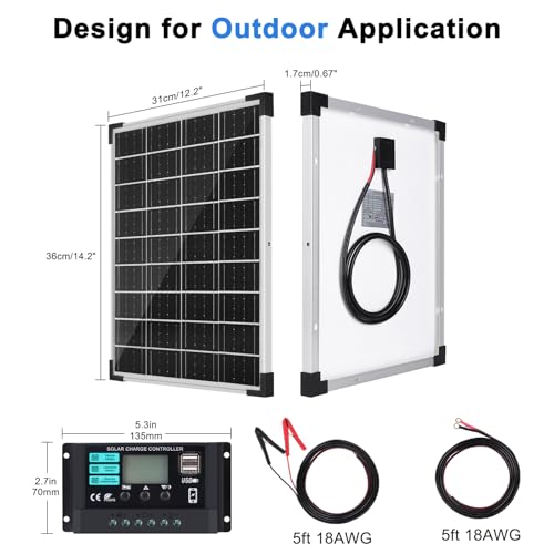 TBER Solar Panel Kit 20W 12V, Solar Battery Charger with 10A Charge Controller and Extension Cables with Battery Clips O-Ring Terminal for Car Motorcycle RV Marine Boat Camper Other Off Grid System - size: 20W