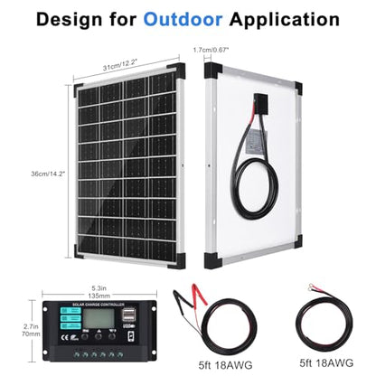 TBER Solar Panel Kit 20W 12V, Solar Battery Charger with 10A Charge Controller and Extension Cables with Battery Clips O-Ring Terminal for Car Motorcycle RV Marine Boat Camper Other Off Grid System - size: 20W