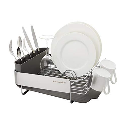 KitchenAid Compact, Space Saving Rust Resistant Dish Rack, with Angled Self Draining Drain Board and Removable Flatware Caddy, 16.06-Inch, Gray