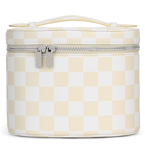 YFGBCX Checkered Makeup Bag Vanity Case with Divider Travel Toiletry Bag Women Cosmetic Bag Makeup Organizer Case - color: Checkered-Beige