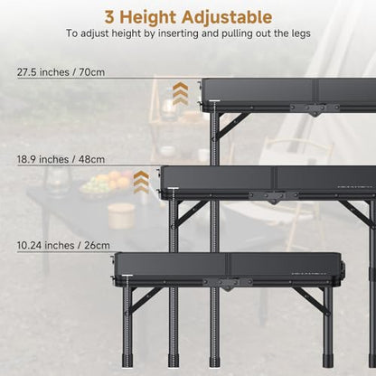 Folding Camping Table, 22" x 15" Picnic Table with 3 Adjustable Height Max 27.5", Matte Black Aluminum Folding Table with Handle for Party, Dining, Garden, Patio, Market - style: 2-Fold MDF Tabletop