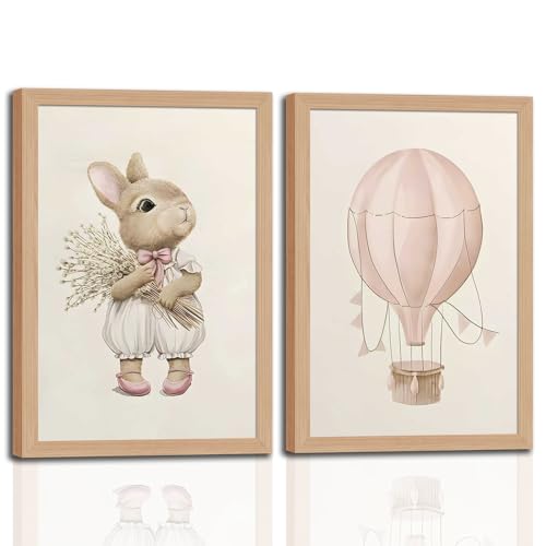 2Pcs Pink Baby Girl Nursery Wall Decor Cute Bunny Wall Art Cozy Rabbit Canvas Artwork Prints Vintage Hot Air Balloon Painting Prints for Kid's Room Baby Room Wood Framed 16x24in - color: Nursery Wall Art, size: 16x24 Inches