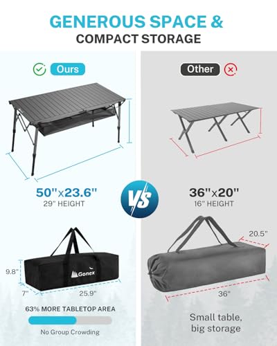 Gonex 50" Camping Table with Adjustable Height Legs for Uneven Ground, Portable Folding Aluminum Roll Up Table with Mesh Pocket for Camping, Picnic, BBQ, Cooking, Beach