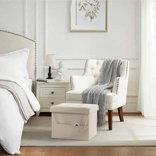 Bsketa Storage Ottoman Foot Rest Stool, Small Leather Storage Ottomans Bench, Folding Footstool with Side Pockets, Foot Rest Under Desk for Living Room Bedroom, 16x12x12 in, Beige - color: Beige-with Side Pockets.