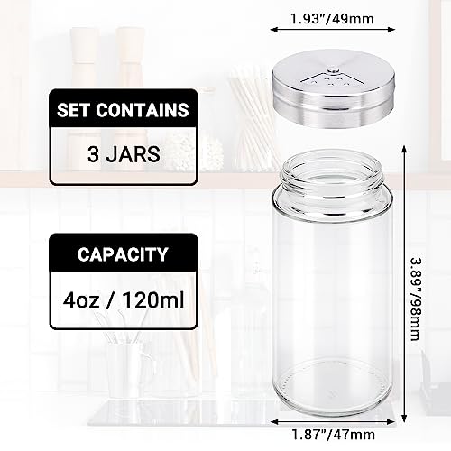 Segarty Spice Jar, 3 Pack 4 oz Glass Spice Jars with Shaker Lids, Clear Seasoning Organizer Spice Containers with Adjustable Pour Holes for Kitchen Cabinet, Salt Shakers with Stainless Lid - size: 4oz / 120ml