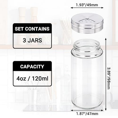 Segarty Spice Jar, 3 Pack 4 oz Glass Spice Jars with Shaker Lids, Clear Seasoning Organizer Spice Containers with Adjustable Pour Holes for Kitchen Cabinet, Salt Shakers with Stainless Lid - size: 4oz / 120ml