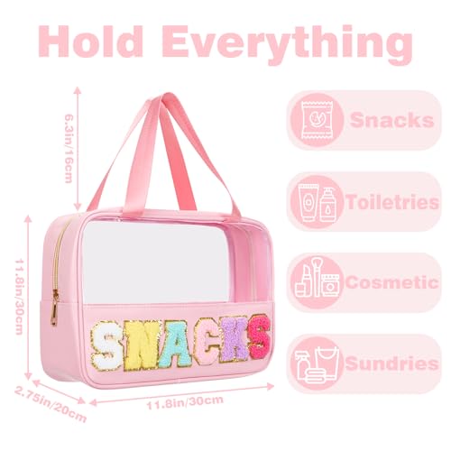 Snack Bag Clear Chenille Varsity Letter Zipper Pouch for Travel Preppy Cosmetic Bag Clear Cosmetic Bag Makeup Travel Bag for Women - color: Pink