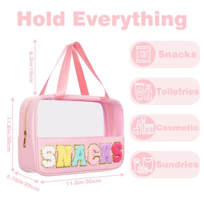 Snack Bag Clear Chenille Varsity Letter Zipper Pouch for Travel Preppy Cosmetic Bag Clear Cosmetic Bag Makeup Travel Bag for Women - color: Pink
