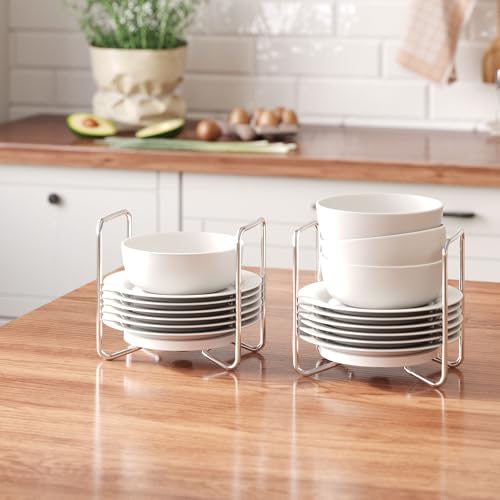 Dish Rack for Kitchen Countertop Organizer - Bamboo Plate Organizer for Cabinet Space Saver, Adjustable Stainless Steel 304 Plate and Bowl Holder with Portable Handle for Drawer Cupboard Shelf RV - color: White, size: 2PC*Small