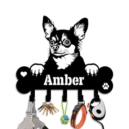 NIWAHO Dog Leash Holder Wall Mount Personalized Name - Custom Chihuahua Metal Sign with Bone Key Hooks, Pet Leash and Key Organizer for Entryway - color: Chihuahua