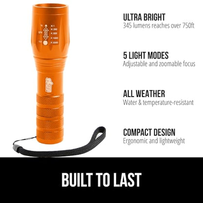 GORILLA GRIP Powerful LED Tactical Flashlight, 750 FT High Lumens 5 Adjustable Modes, Water Resistant, Ultra Bright Zoom Flashlights, Small Mini Flash Light, Camping, Night Dog Walking, Orange - color: Orange