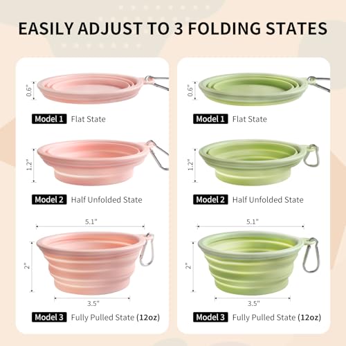 Collapsible Dog Bowls 2-Pack, Portable Travel Dog Bowl with Carabiner, Food-Grade Silicone Pet Bowl for Hiking, Walking (Macaron Pink and Green) - color: 12 OZ Macaron Pink and Green