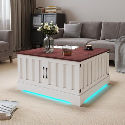 HedoAjim Lift Top Coffee Table with Storage, 31.5" Square Coffee Table with Large Hidden Storage, Wood Living Room Table Center Table for Living Room Dining Reception Room - color: White Brown